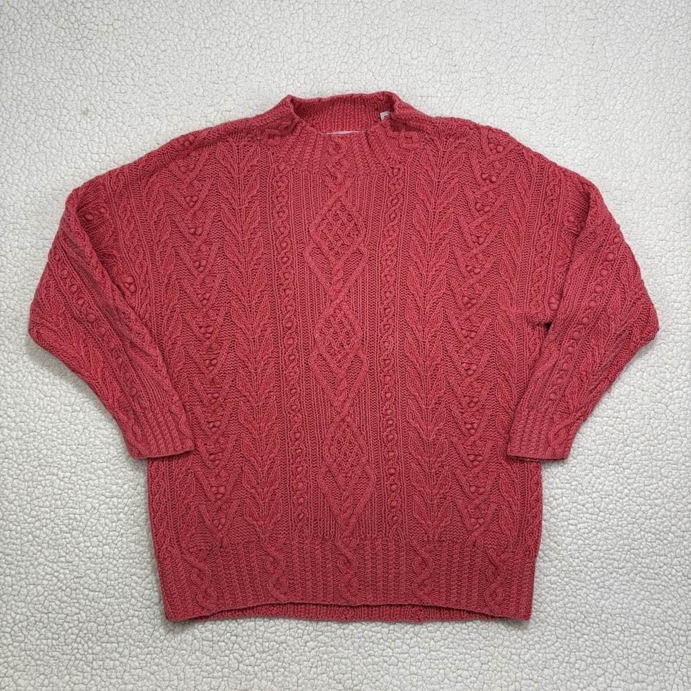 VINTAGE Express Tricot Hand Knit Cable Sweater Womens L Pink Chunky Bobble Mock